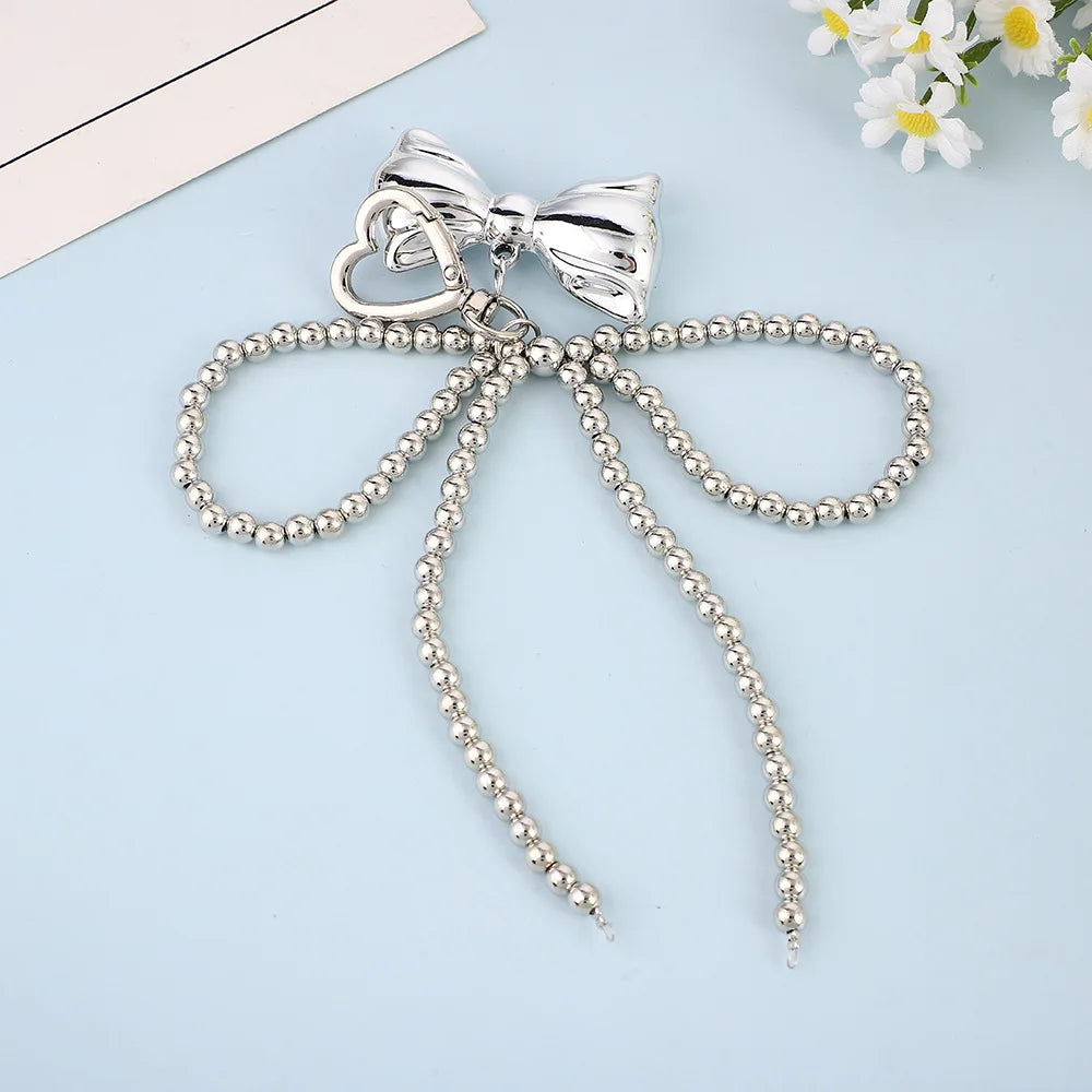 Korean Cute Beaded Pearl Bowknot Keychain for Women and Girls Metal Bow Pendant Bag Decoration Accessories