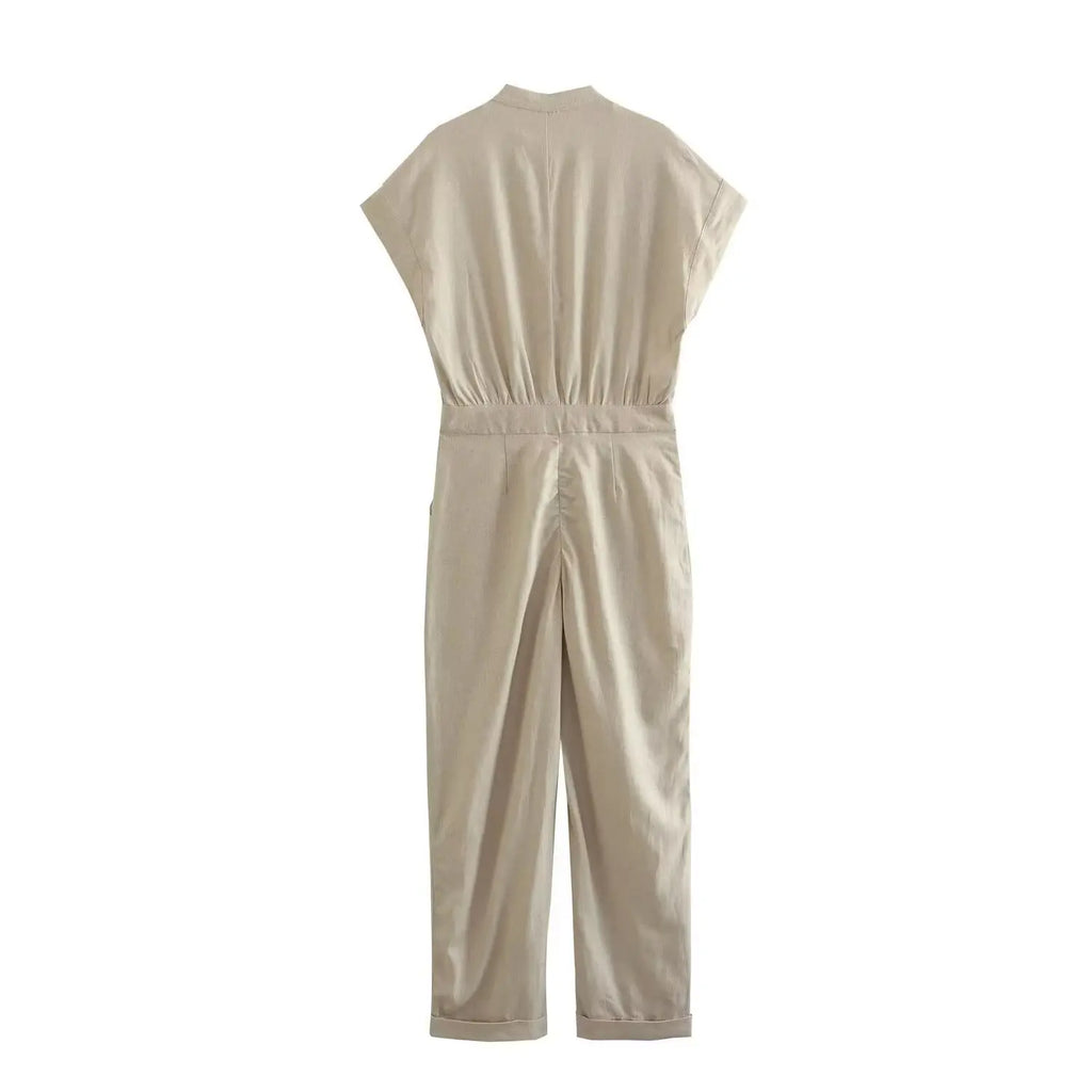 Summer Casual V Neck Sleeveless Linen Blend Jumpsuit Straight Long Holiday Style