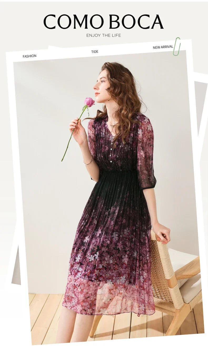 Purple Floral Chiffon Dress With V Neck And Lantern Sleeves