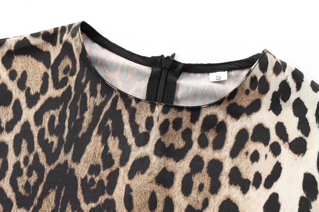 Leopard Print Midi Dress For Women Shirt Style Short Sleeve