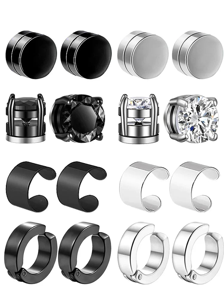 Magnetic Clip Earrings Stainless Steel Non-Piercing Stud Earrings for Men and Women with Black CZ