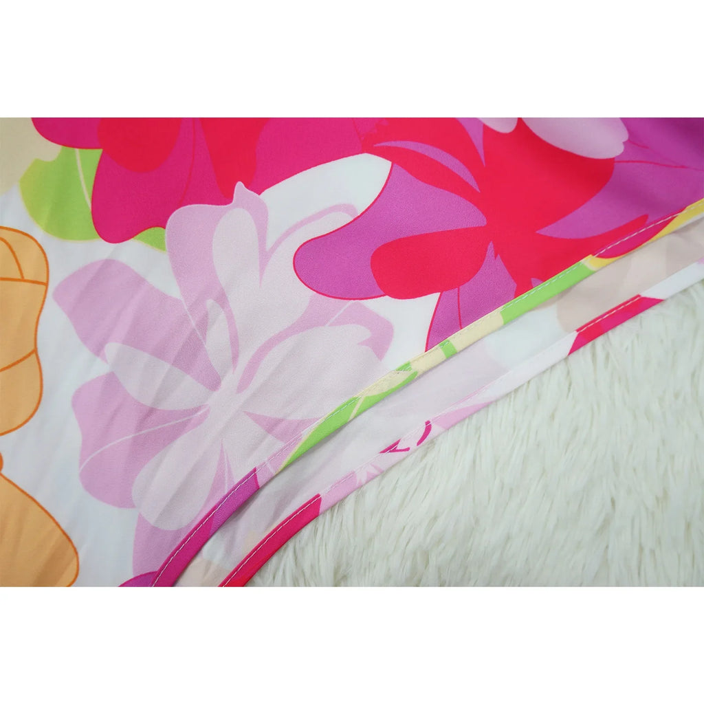 Women's Printed V-Neck Ramie Shirt Loose Bat-Sleeve Summer Top with Belly Cover Age-Reducing Design