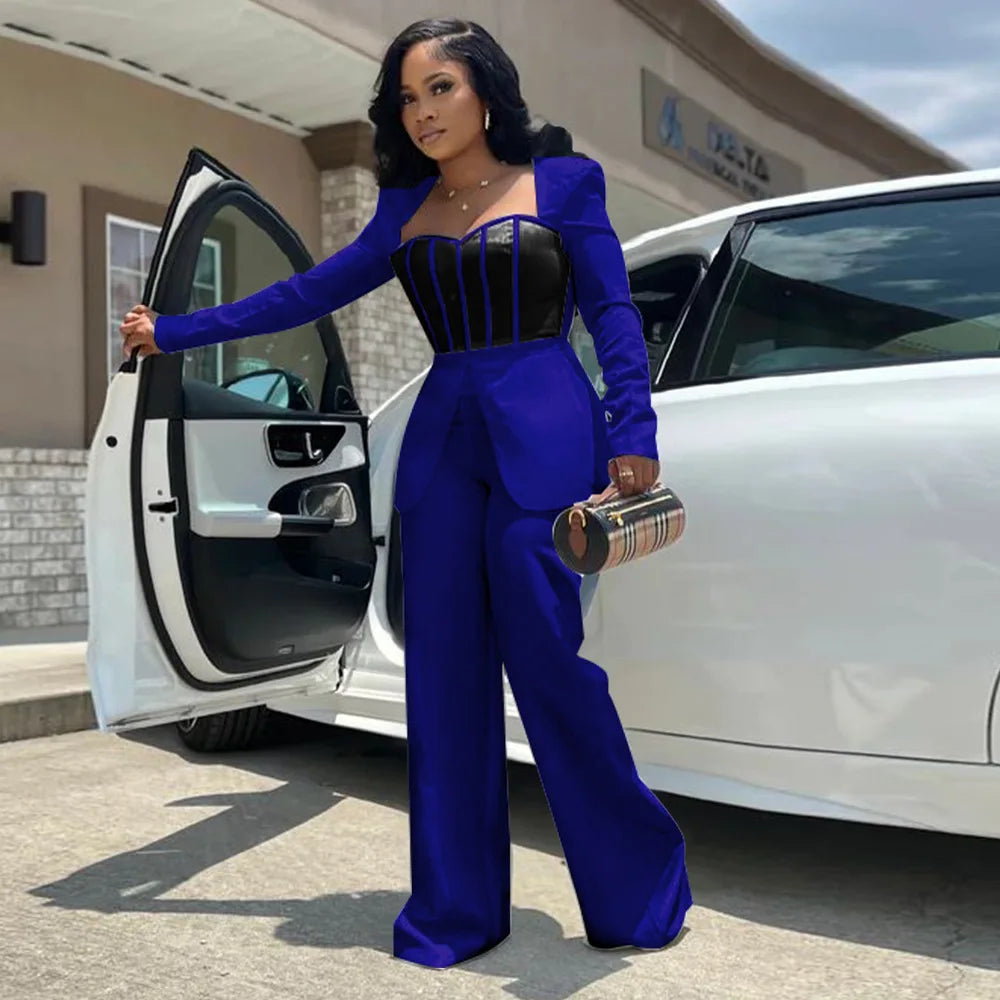 Women Long Sleeve Patchwork Romper Jumpsuit with Waist Cincher Wide-Leg Pants Elegant Office and Party Playsuit