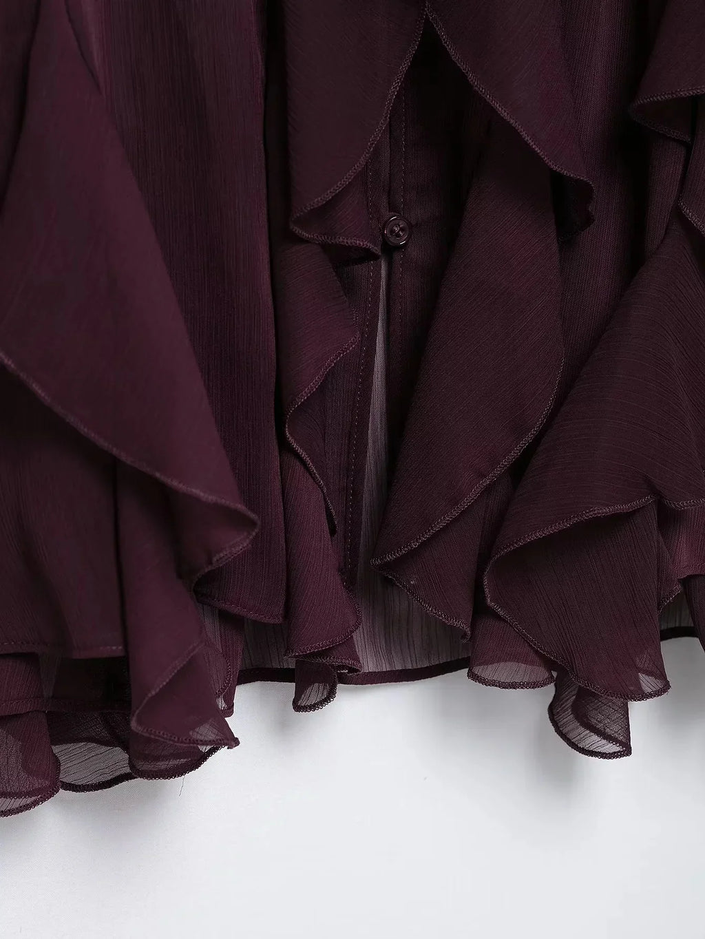 Burgundy Mesh Ruffle Blouse for Women Long Sleeve Sheer Loose Fit Elegant Party Top