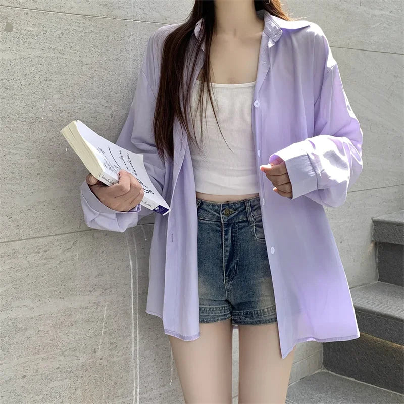 Silky Oversize Button Down Shirt for Women Long Sleeve Boyfriend Blouse Lightweight Summer Cover Up Casual Teen Girl Outfit