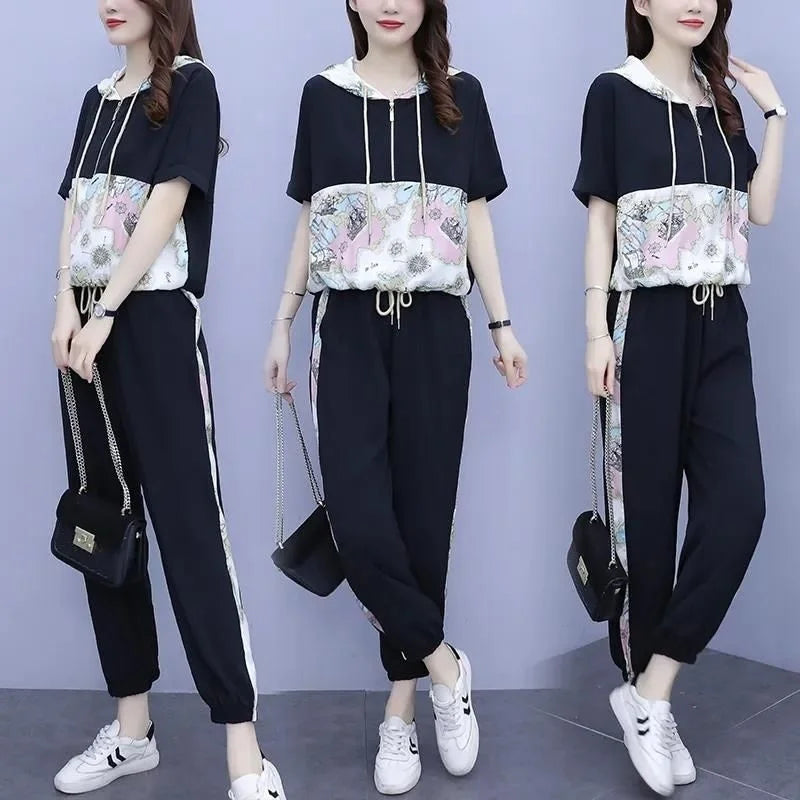 Women's Casual Two Piece Set with Hooded T-Shirt and Contrast Printed Pants for Spring and Summer Fashion