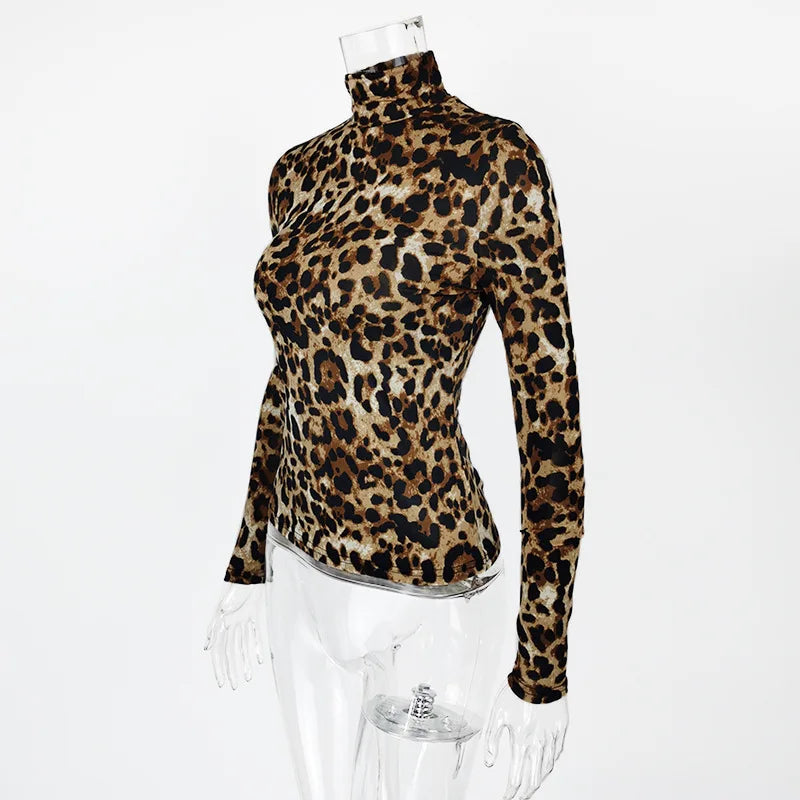 Women Leopard Print Long Sleeve Turtleneck Crop Top Casual Slim Ice Silk Tee