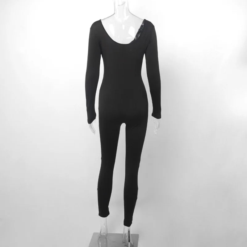 Sexy Black Long Sleeve Bodycon Jumpsuit for Women Slim Fit Casual Streetwear Skinny Romper