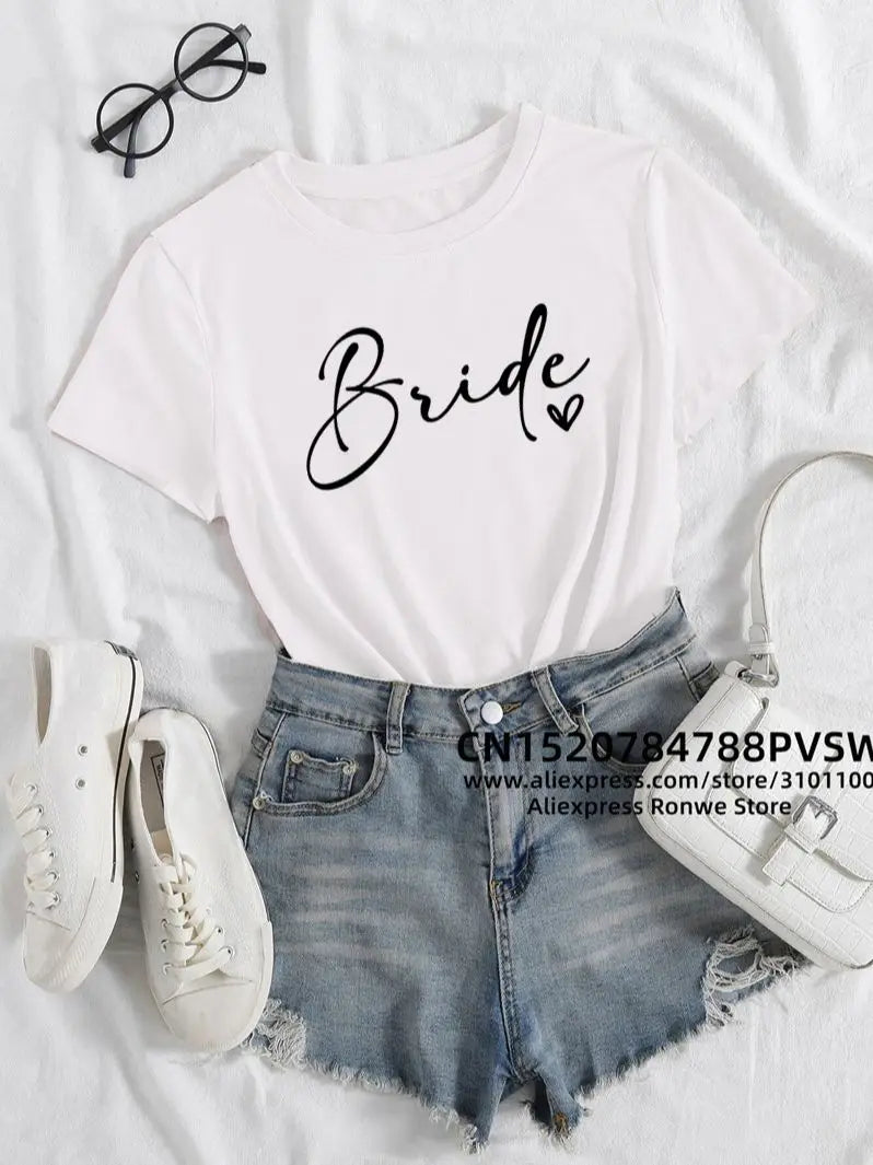 Team Bride Heart Hen Party T-Shirt for Women Wedding Group Tee in Black Pink and White