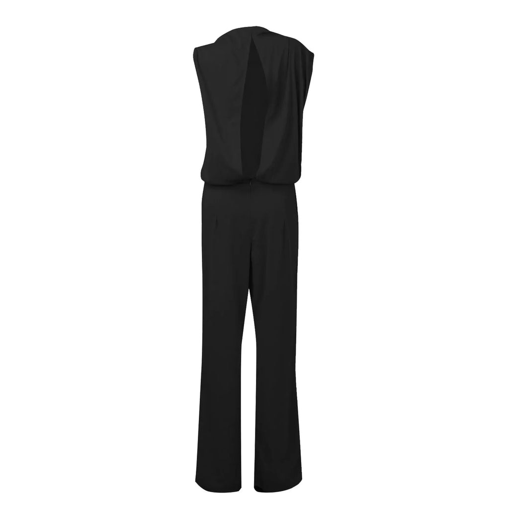 Women Fashion Long Sleeveless Rompers High Neck Wide Leg Overalls Vintage Style Waisted Playsuit Summer Jumpsuit