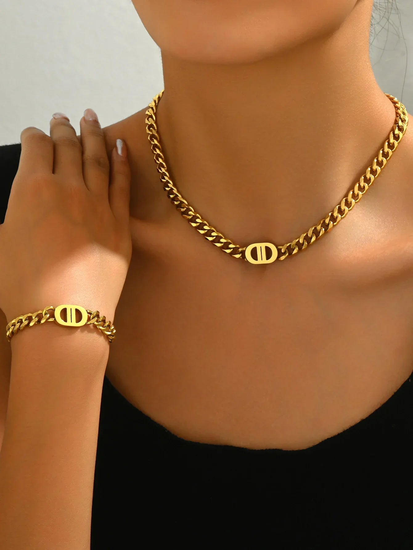 Gold Color Cuban Chain Necklace and Bracelet Set for Women with Geometric Charms