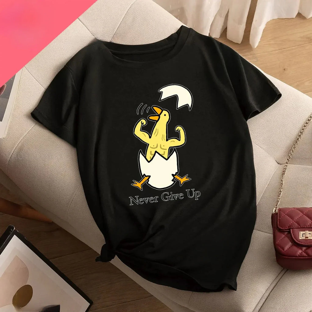 Funny Duck Print Casual Women's Sports T-Shirt Round Neck Short Sleeve Activewear Top