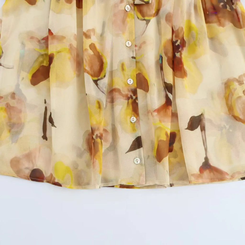 Women's Fashionable Loose Floral Print Semi Transparent Lapel Tie Long Sleeve Shirt for Spring