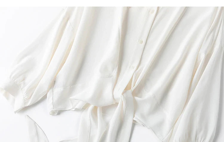 Women 100 Percent Mulberry Crepe Silk White Blouse Lantern Sleeves Bow-Tie Hem Loose Fit Office Top