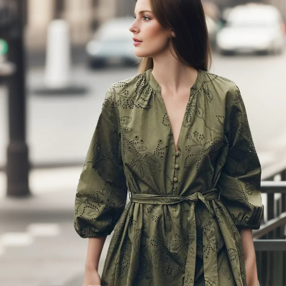 Embroidered Short Dress For Women Elegant Office Casual