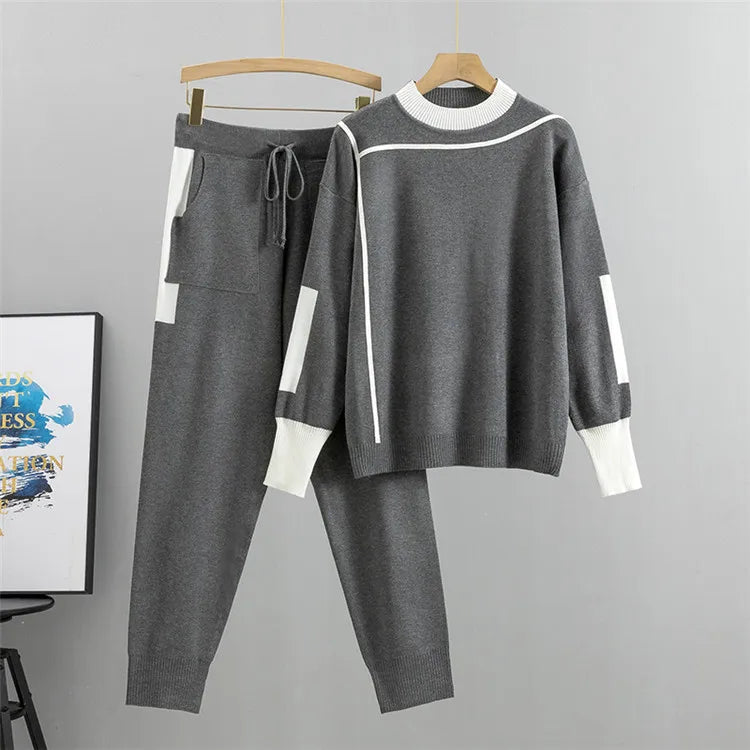 Knitted Casual Two Piece Set for Women Featuring Long Sleeve Pullover Sweater and Stylish Pants Suit