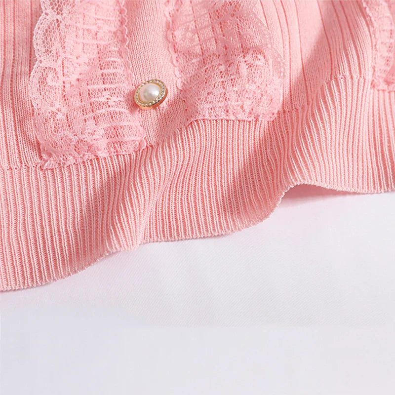 Women's Spring Summer Chiffon Short Sleeve Top Vintage V Neck Lace Trim Pearl Button Blouse Ribbed Elastic Waist Pleated Casual Office Shirt