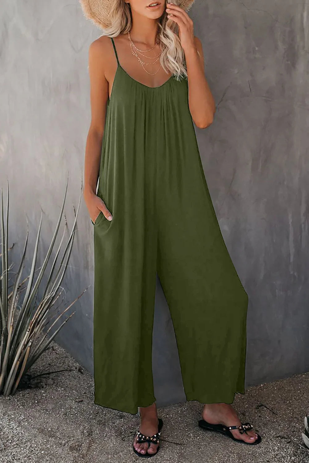 Women's Summer Strap Jumpsuit with Solid Color Design and Convenient Side Pockets Casual Lightweight Romper