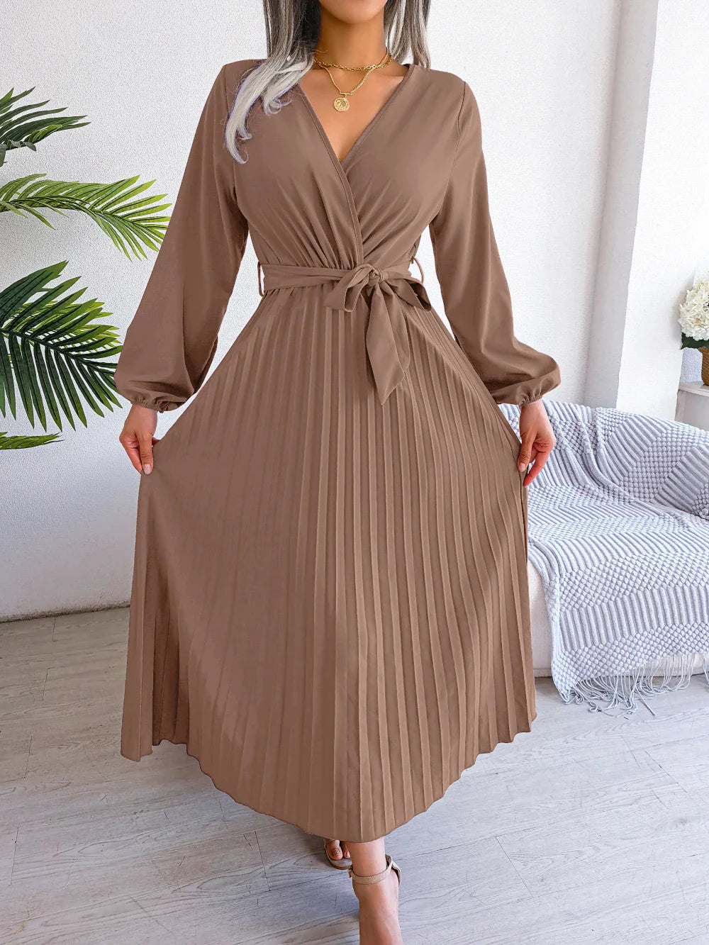 Elegant Surplice Neck Pleated Maxi Dress With Belt Flair