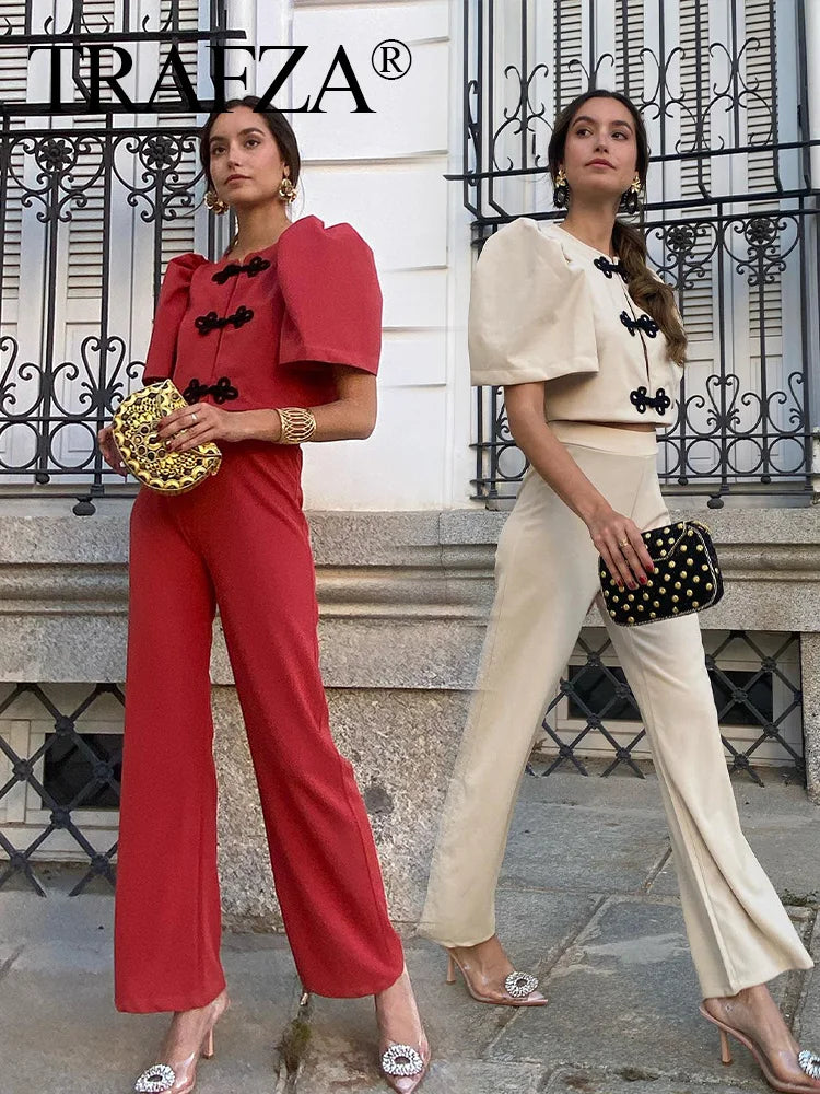 Women Summer Casual Pants Suit with Puff Sleeve Shirt and Elegant Long Pants Matching Set