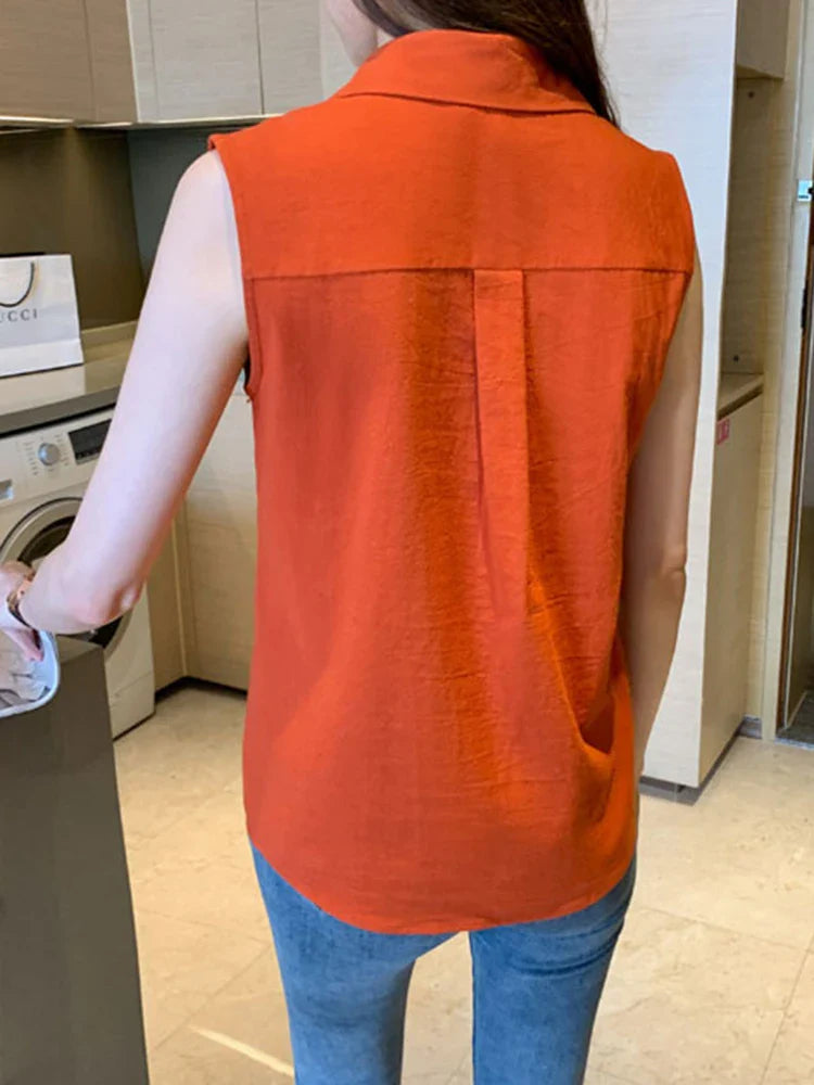 Sleeveless Turn-Down Collar Blouse for Women Elegant OL Style Workwear Shirt Lightweight Summer Top
