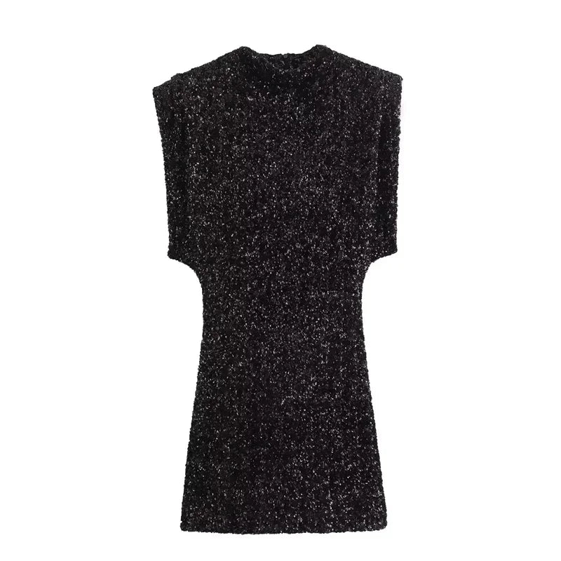 Silver Sequin Mini Dress Bodycon O Neck Sleeveless Partywear