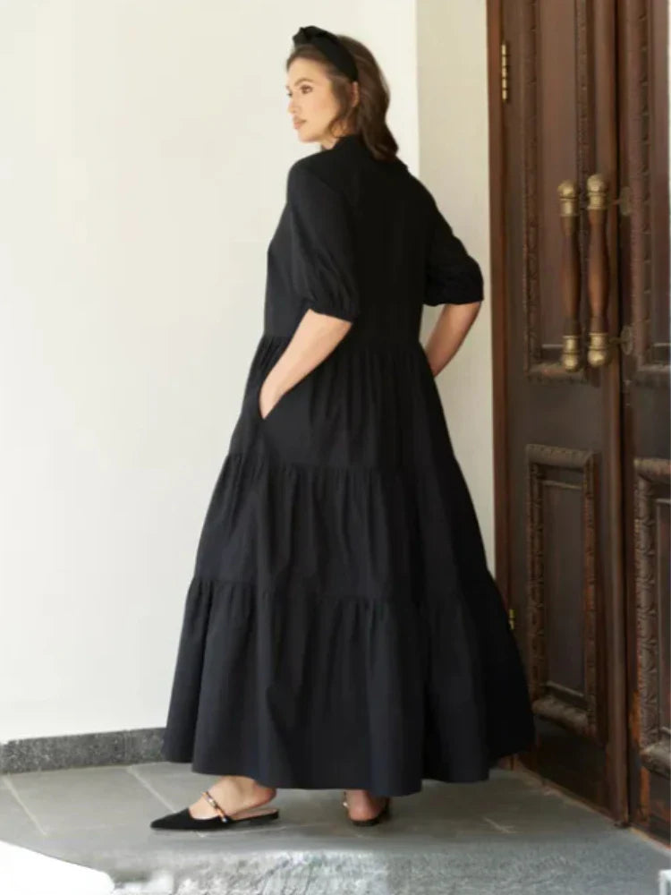 Summer Dress Solid Color Loose Fit Women Half Sleeves