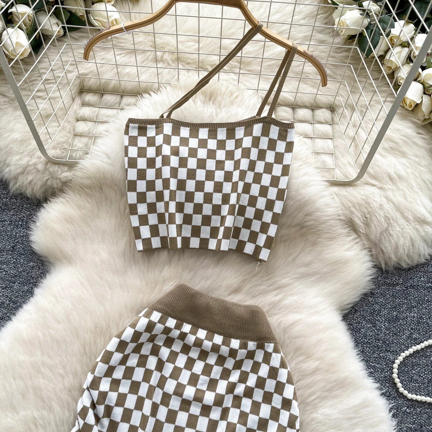 Women's Plaid Strapless Mini Top and High Waist Bodycon Skirt Set Casual Knitted Two-Piece Outfit