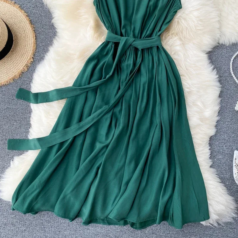 Sleeveless Summer Dress Solid Colors Green Blue Yellow Casual