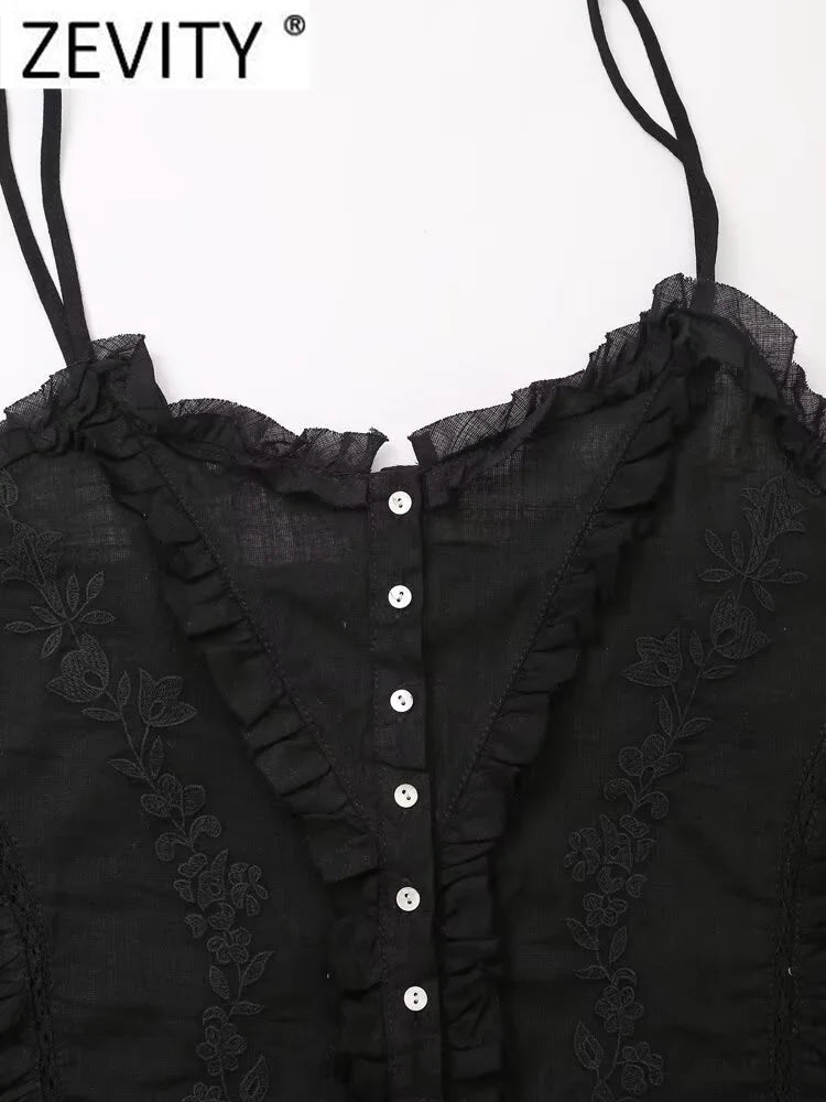 Women's Sexy Lace Floral Embroidery Short Blouse Chic Single Breasted Sling Vest Top