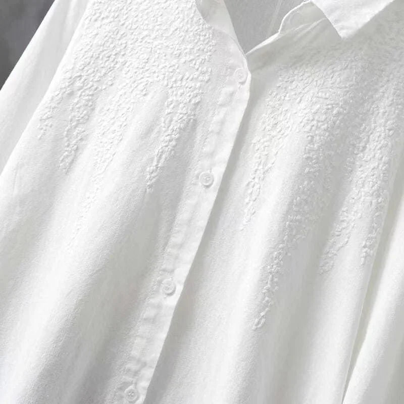 Cotton White Embroidered Long Sleeve Women's Shirt with Lapel Collar and Button Detail Casual Fashion Blouse for Everyday Wear