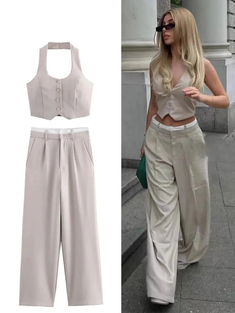 Halter Neck Solid Two Piece Set for Women with High Waist Long Pants and Stylish Vest Top