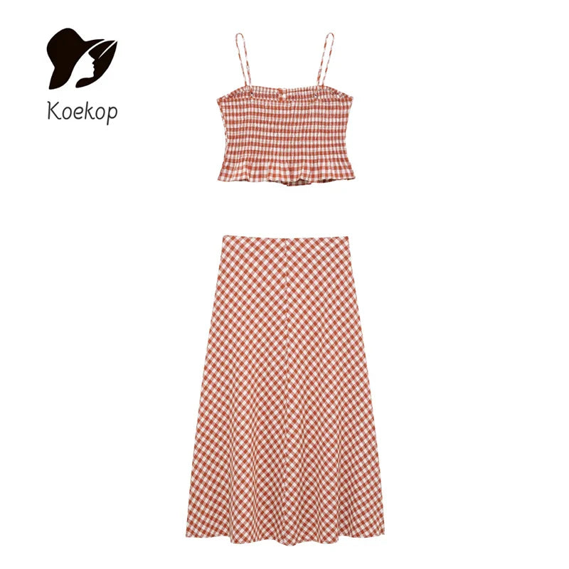 Women's Plaid Halter Crop Top with Backless Design and High Waist Vintage Maze Pattern Skirt Set