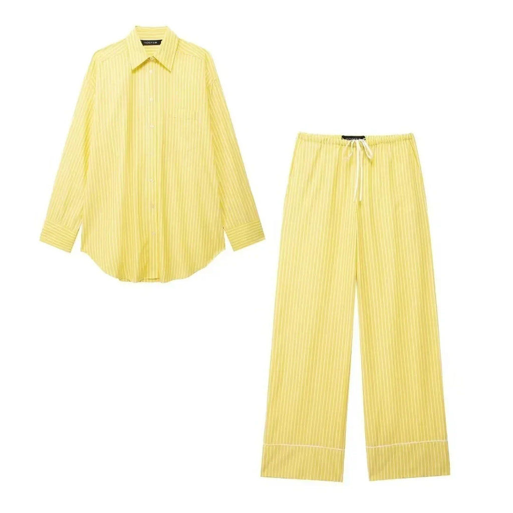 Stylish Women's Yellow Striped High Waist Drawstring Casual Trousers Cozy Loose Long Pants