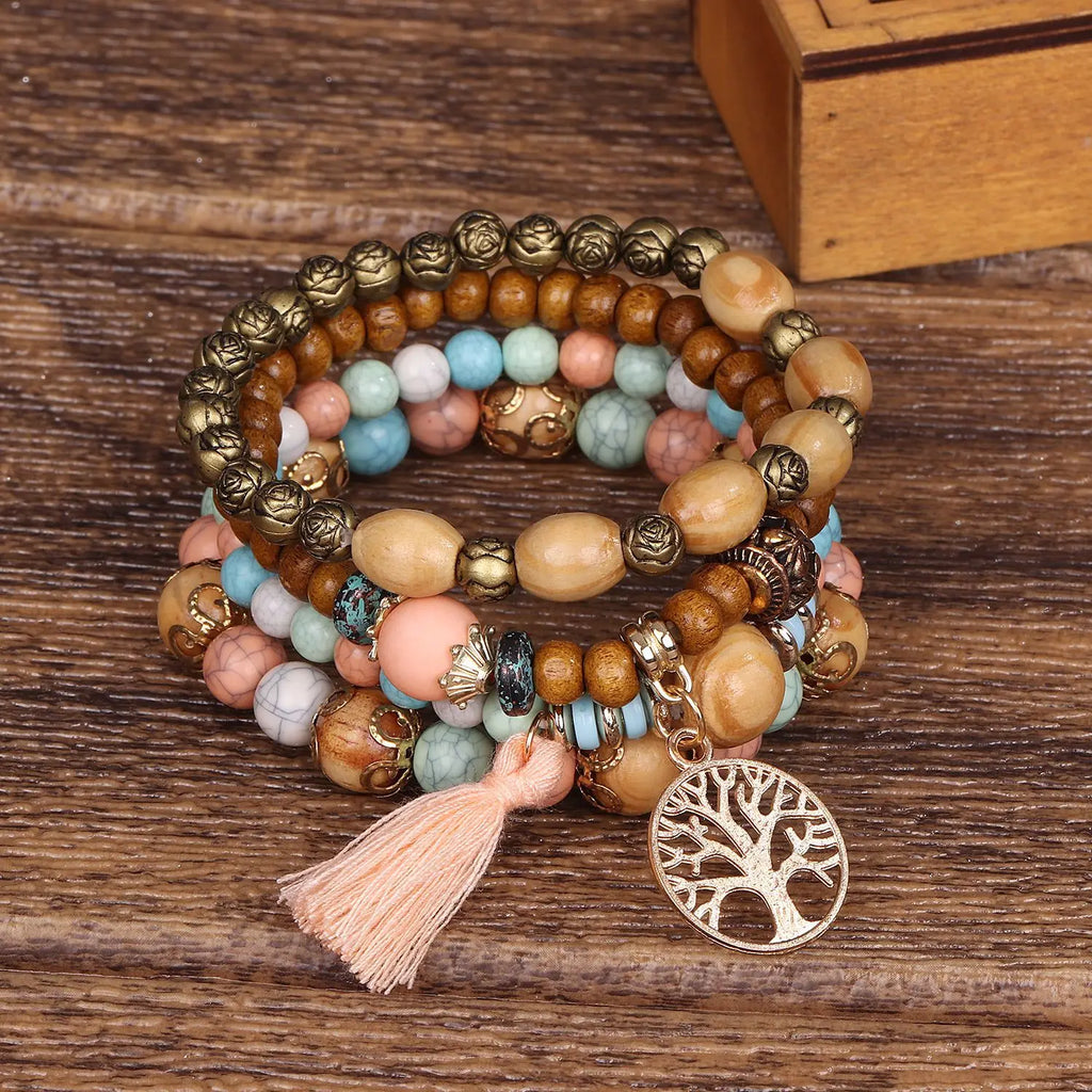 4Pcs Bohemian Tree Of Life Charm Beaded Bracelet Set Handmade Wood Beads Bangle Jewelry for Women