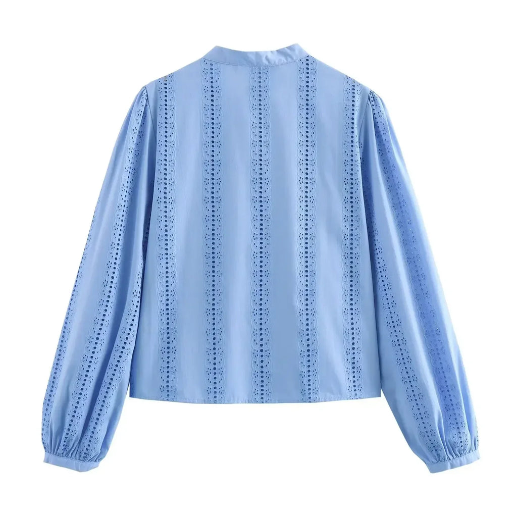 Loose Lace-Up White Shirt for Women Elegant Hollow Out Embroidered Puff Sleeve Cropped Top