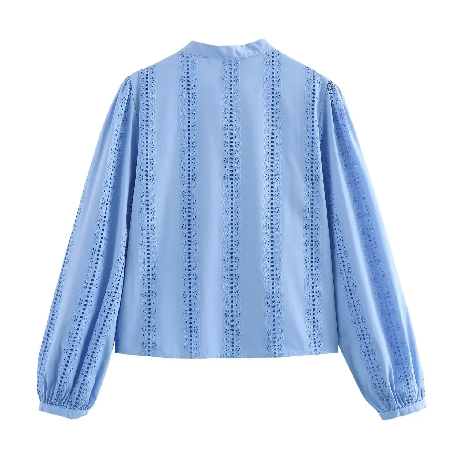 Loose Lace-Up White Shirt for Women Elegant Hollow Out Embroidered Puff Sleeve Cropped Top