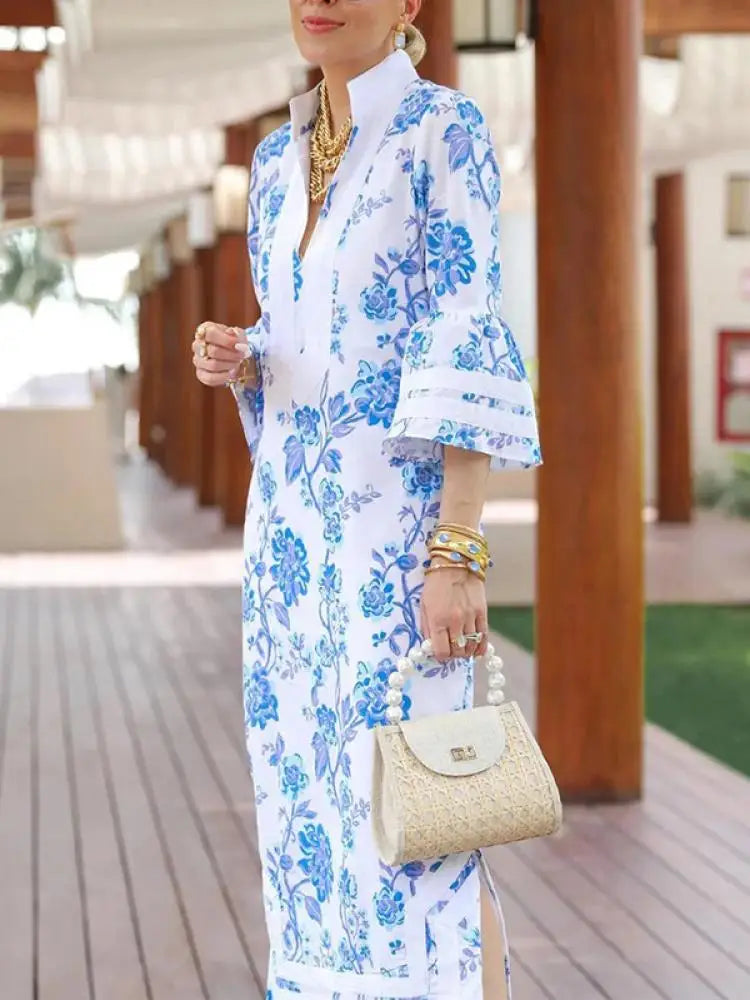 Floral Print Midi Dress With Deep V Neck And Split