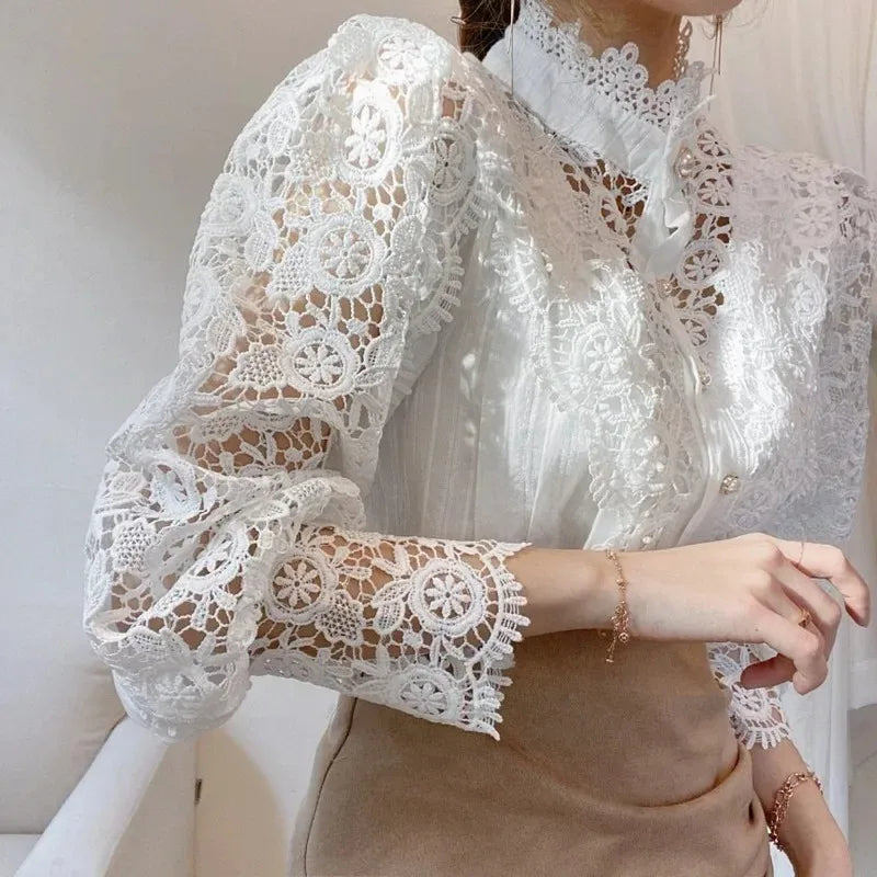 Women's Spring Summer Hollow Out Lace Blouse with Chic Button Detail Vintage Stand Collar Long Puff Sleeve Top