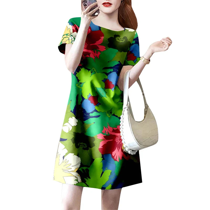 Floral Print Knee Length Summer Dress With Short Sleeve