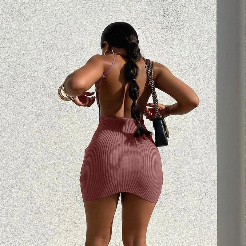 Ribbed Backless Mini Dress With Square Collar For Nightclub