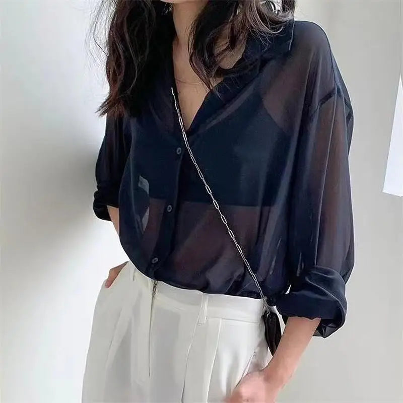 Women's Long Sleeve Chiffon Blouse Lightweight Sun-Proof Casual Top Simple Solid Color Basic Sexy Shirt