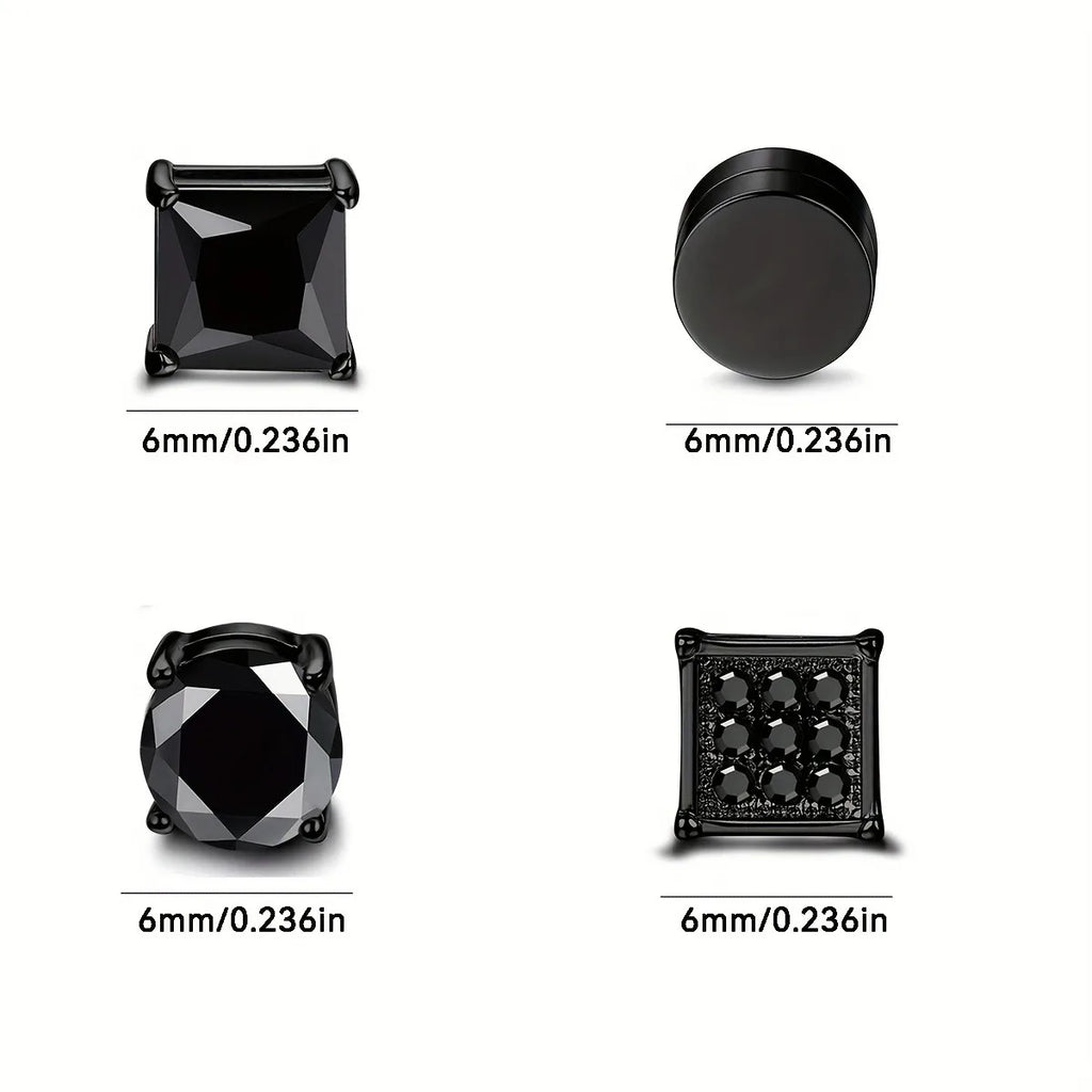 4 Pairs Magnetic Stainless Steel Stud Earrings with Cubic Zirconia Non-piercing Ear Clips for Men