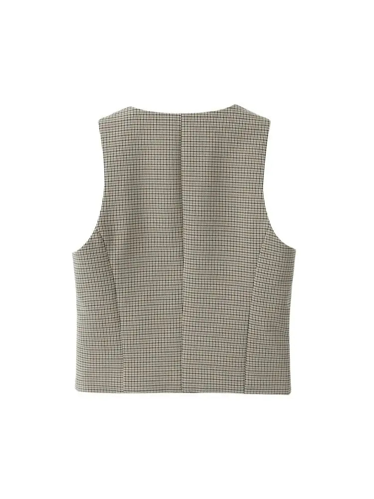 Women's Fashion Button-Up Check Waistcoat With High Waist Belted Straight Pants Two Piece Set