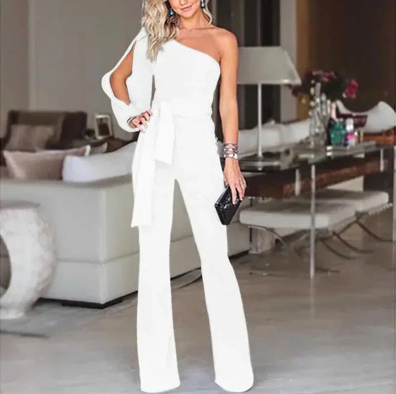 Women's High Waist Tie-Up Slim Fit Solid Color Jumpsuit with Slant Shoulder Elegant Design for Banquet and Evening Wear