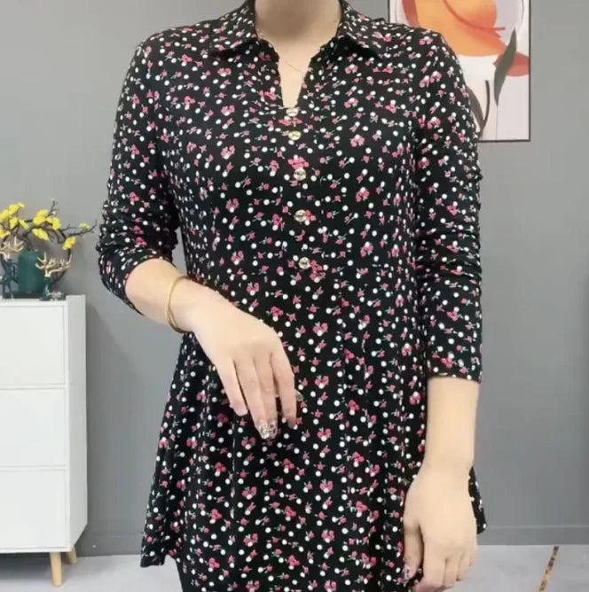 Elegant Autumn Polo Neck Floral Blouse for Women Thin Long Sleeve Vintage Printed Shirt with Button Detail