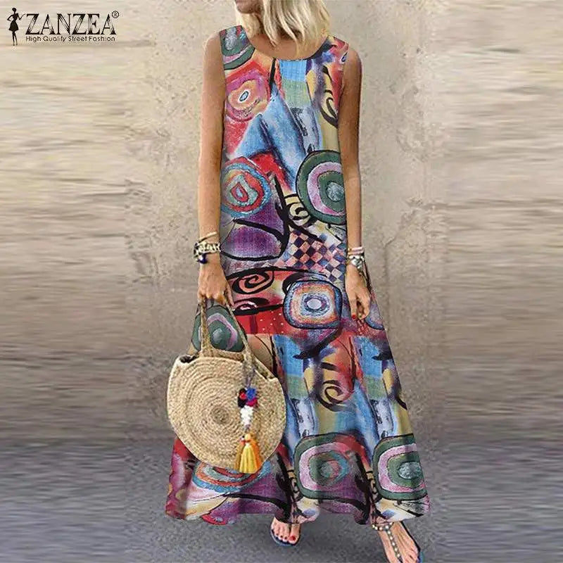 Bohemian Floral Dress Women Sleeveless O Neck Sundress