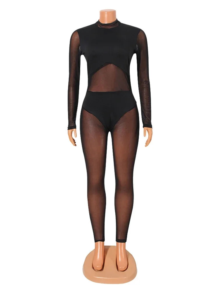 Black Transparent Mesh Jumpsuit See Through Bodysuit