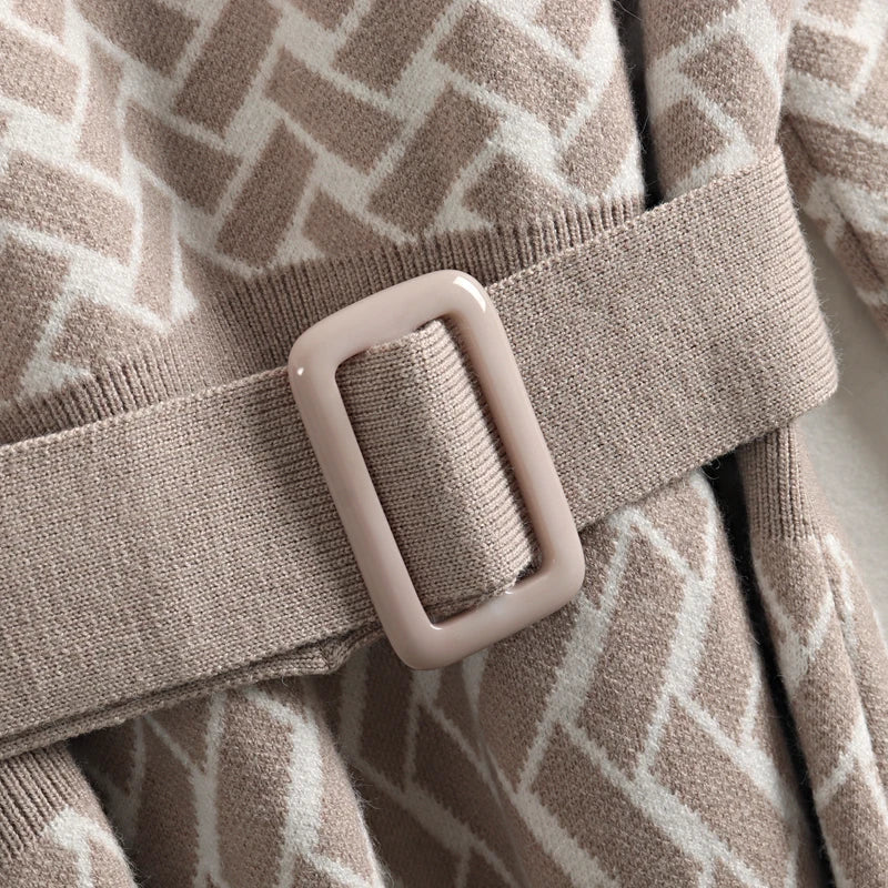 Jacquard Knit Sweater Dress With Belt Elegant Pleated Maxi