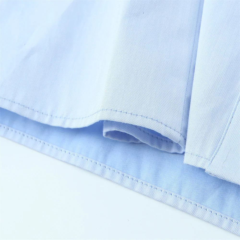 Women's Light Blue Long Sleeve Button Down Shirt with Pleated Waist and Classic Collar for Office and Stylish Wear